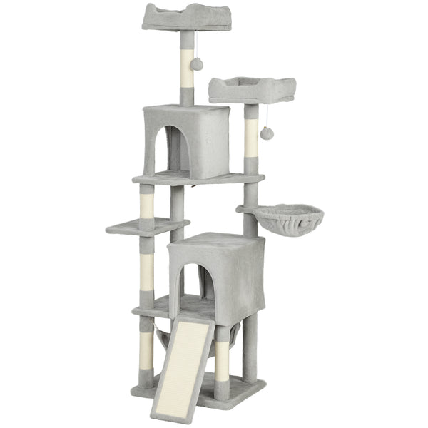 178cm Multi-Level Cat Tree with 2 Cabins, 2 Beds, Hammock, Play Balls, Light Grey
