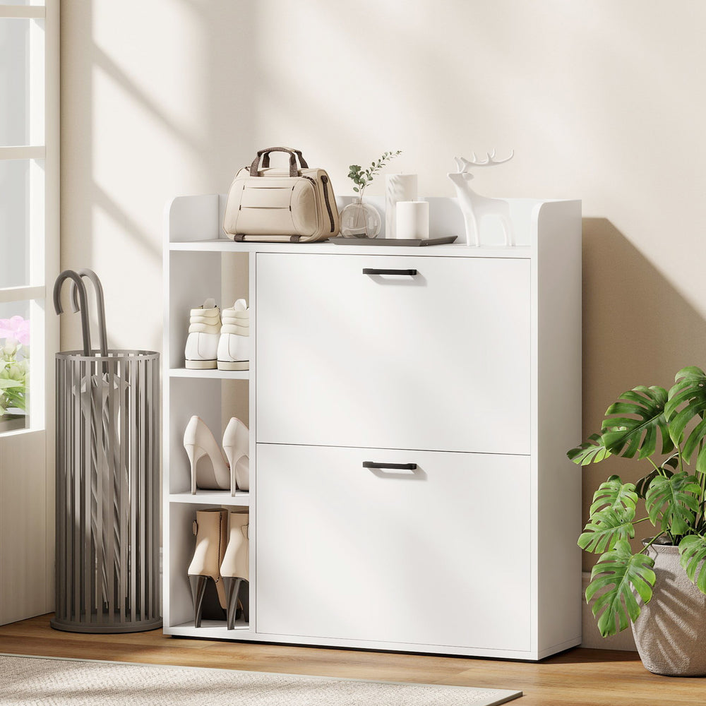 Narrow shoe cabinet with 2 tilt-out drawers and side storage, white