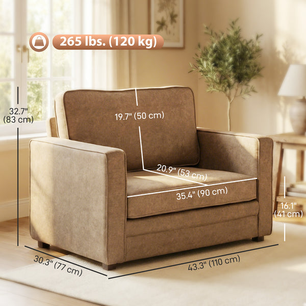 Occasional armchair in velvet-effect fabric with a wide seat, spring cushion, solid wood legs, brown
