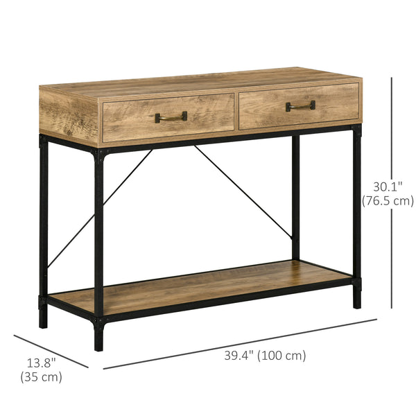 Entrance console table with drawers and storage shelf, brown