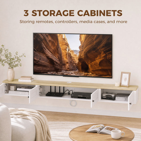 Wall-mounted floating TV stand for up to 82" TVs with storage and charging station, white