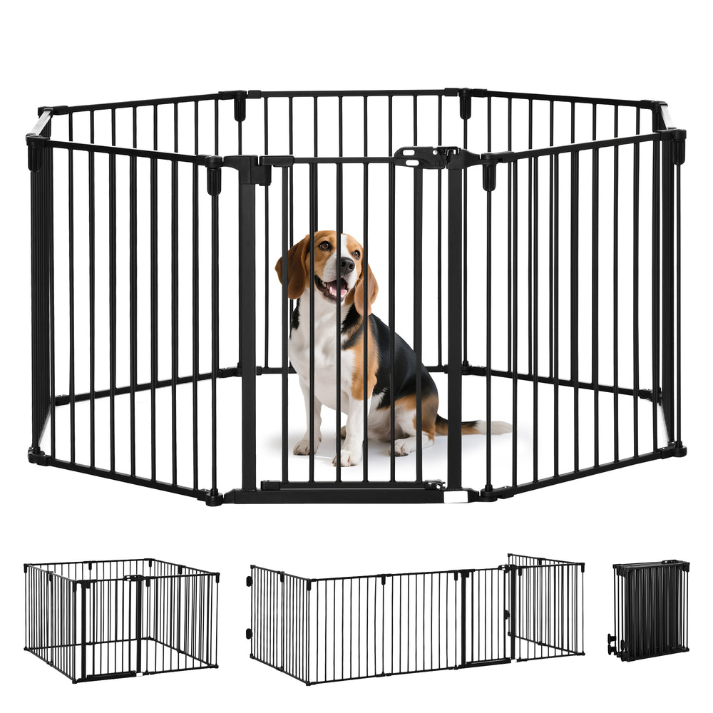 Dog Safety Gate 8-Panel Playpen Fireplace Christmas Tree Steel Fence Stair Barrier Room Divider Black