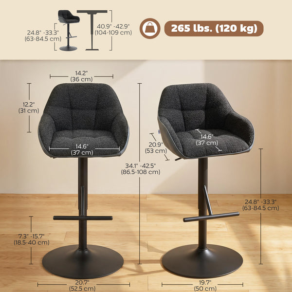 Set of 2 swivel bar stools, counter height, with backrest, footrest, armrests and adjustable height, black.