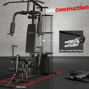 Multi-function weight station with 45 kg weight stack for lat pulldown, leg extensions, biceps curls, triceps pulldowns, and bench press, black.