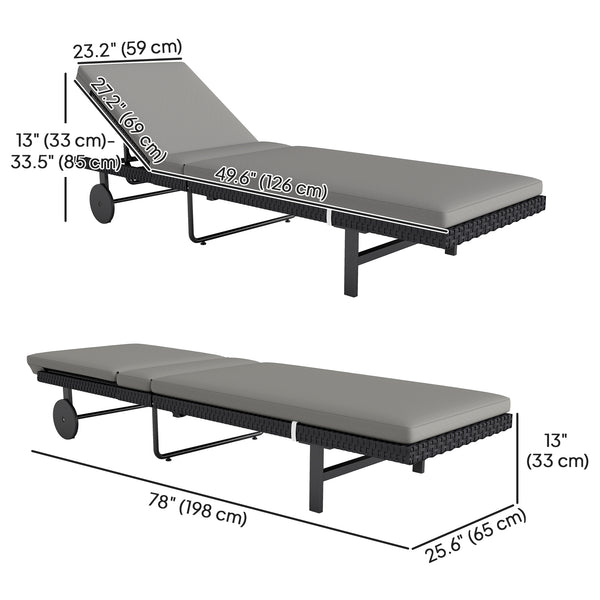 Synthetic rattan garden lounge chair with 5-way adjustable backrest, wheels and cushion, grey