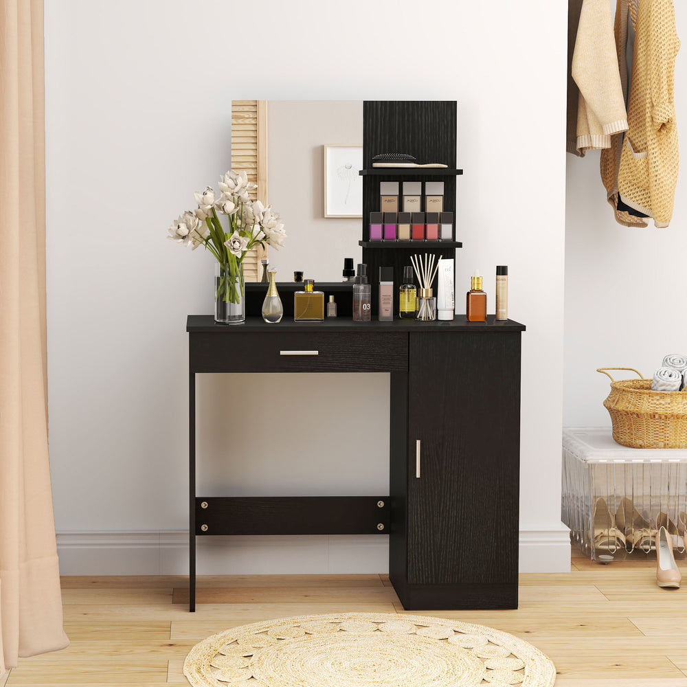 Dressing table with mirror, drawer, open compartment and shelves, black