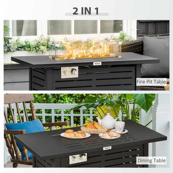 Outdoor propane gas fire pit with steel tray and lid and glass windscreen