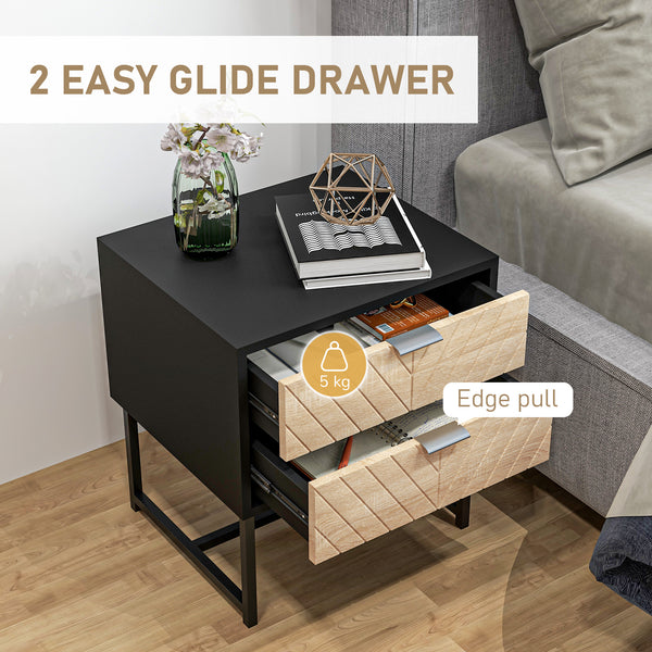 Modern bedside table with 2 drawers and steel structure, black and oak