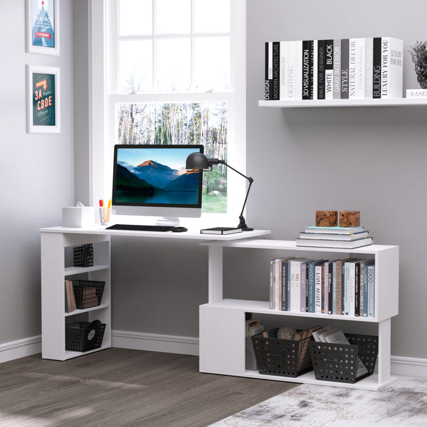 47" L-shaped corner desk, 360° rotating, reversible, with storage shelf, white