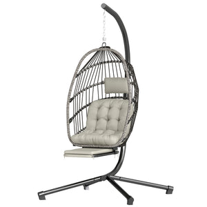Light gray metal support egg-shaped outdoor hanging chair with retractable footrest