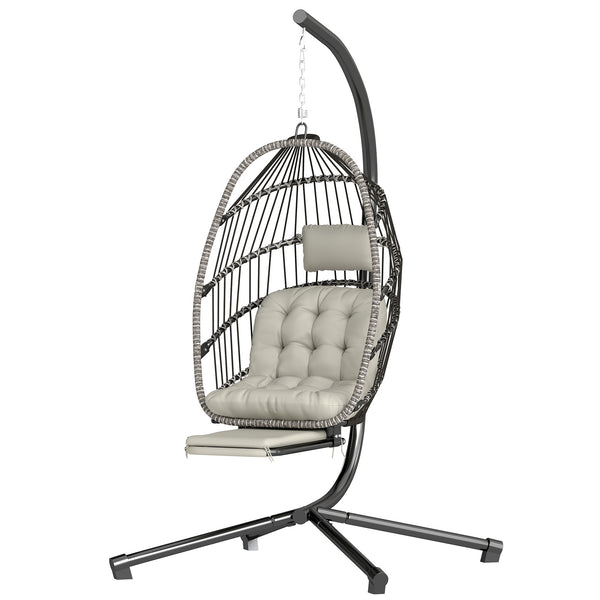 Light gray metal support egg-shaped outdoor hanging chair with retractable footrest