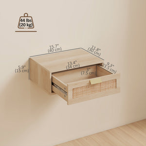 Ensemble de 2 tables de chevet suspendues fixées au mur, avec tiroir en rotin et finition chêne.