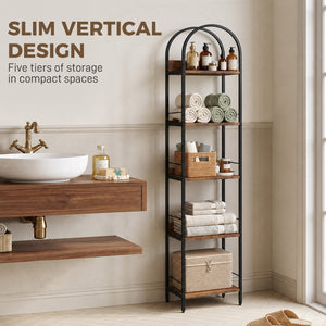 Narrow 5-tier arched bookshelf with metal frame – Rustic brown and black