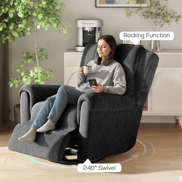 Electric reclining chair, fabric upholstery, USB ports, swivel and rocking function, footrest, black