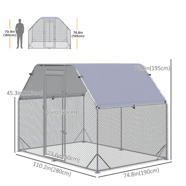 Galvanized metal chicken coop with flat roof and tarp