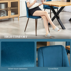 Set of 4 velvet upholstered chairs with wood-effect steel legs, dark blue