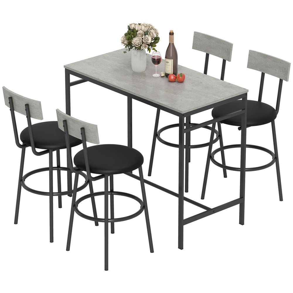 5-piece bar table set for 4 people with footrest and steel frame for the kitchen, cement grey