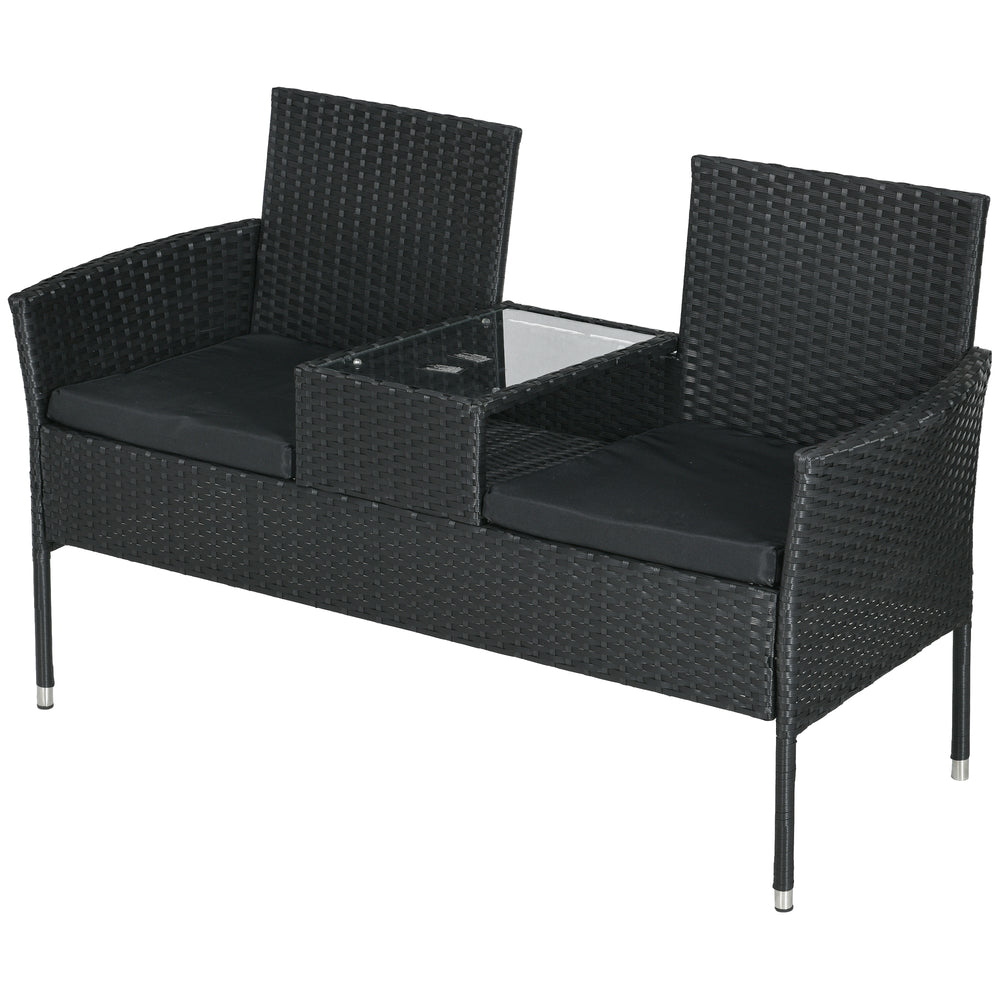 Patio furniture with coffee table and two-seater sofa in PE rattan with cushion, black