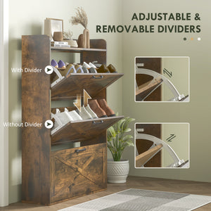 Farmhouse Style Shoe Cabinet with 3 Drop-Down Drawers and Adjustable Shelves, Rustic Brown