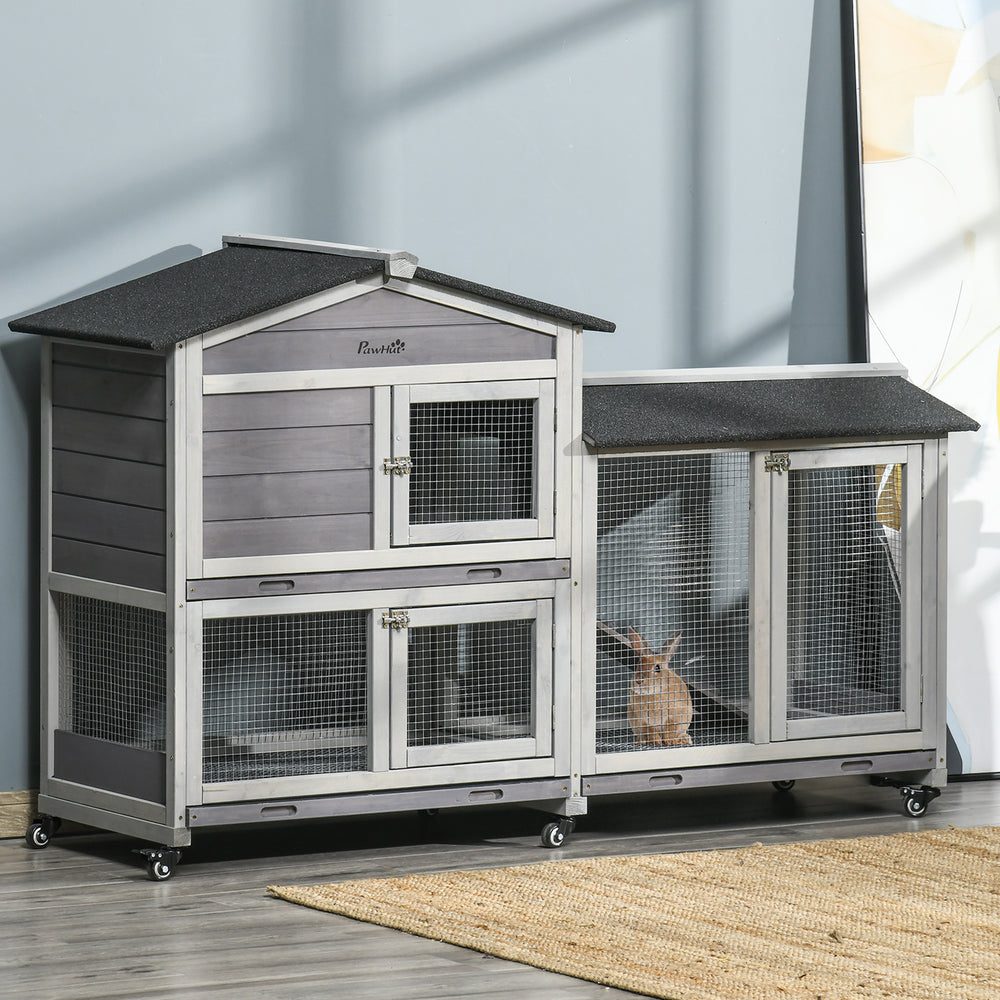 Wooden hutch with wheels, enclosure, tray and ramp, light gray