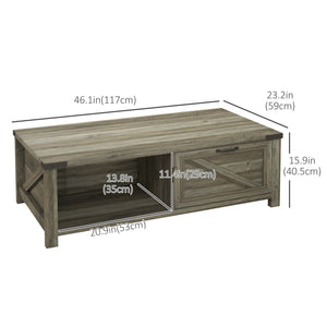 Rustic coffee table with drawer and storage shelf, gray