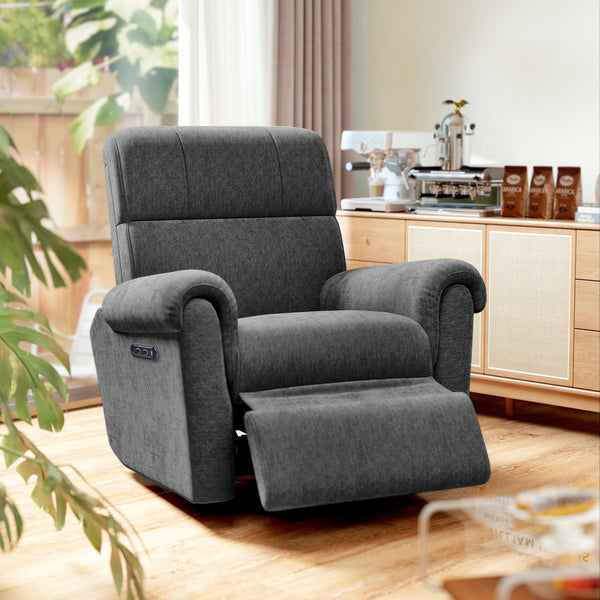 Electric reclining chair, fabric upholstery, USB ports, swivel and rocking function, footrest, dark grey
