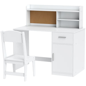 Desk and chair set with storage, drawer, cabinet, compartments and cork board