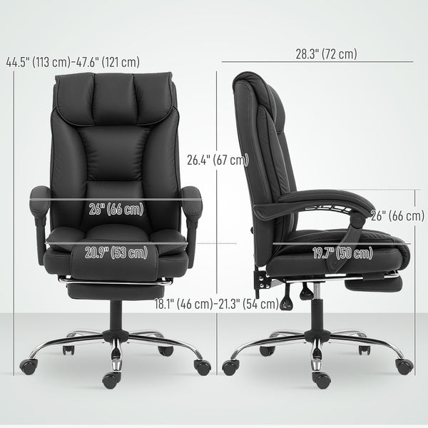 Ergonomic leather office chair with footrest, reclining and swiveling, black