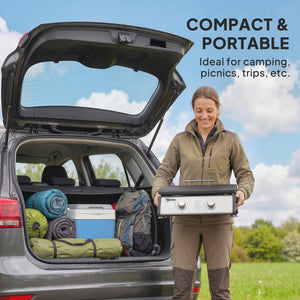 2-burner liquid propane gas barbecue, portable and tabletop, ideal for camping and picnics, silver.