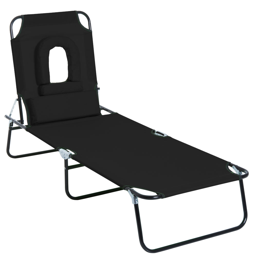 Adjustable Outdoor Lounge Chair with Face Hole, Reclining Tanning Seat, Folding Beach Bed with Support Cushion, Black