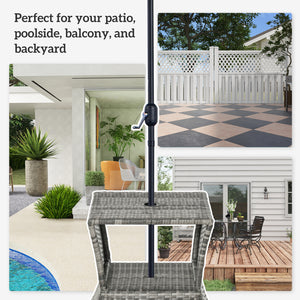 Square side table in woven rattan with parasol hole and 2-tier storage