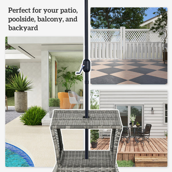 Square side table in woven rattan with parasol hole and 2-tier storage