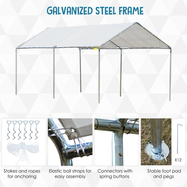 Heavy-duty 10 x 20 carport with included anchoring kit and 3 reinforced steel cables, white
