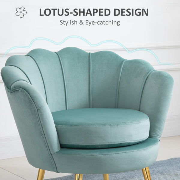 Lotus accent chair in velvet fabric with gold metal legs, green