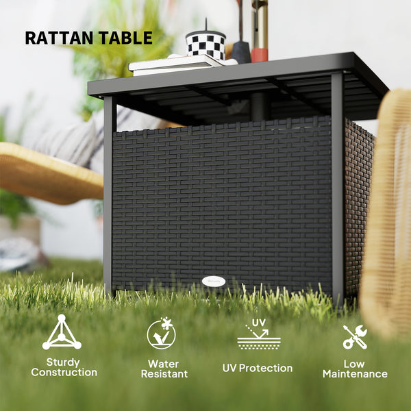 Outdoor coffee table in woven rattan with a hole for a parasol, black