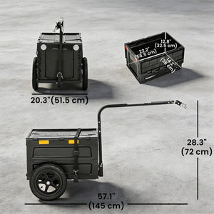 Bicycle trailer with foldable storage box and lid, quick-release wheels, reflective stickers, and safety flag