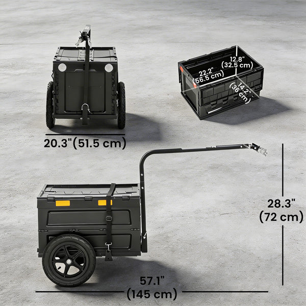 Bicycle trailer with foldable storage box and lid, quick-release wheels, reflective stickers, and safety flag