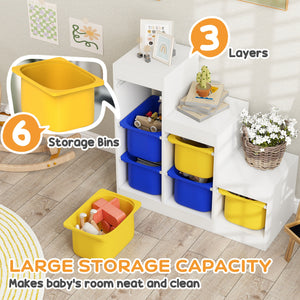 3-Tier Storage Shelf with 6 Plastic Bins, Yellow and Blue