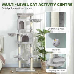 69-inch Multi-Level Cat Tree with 2 Condos, Plush Perch and Scratching Posts, Light Gray