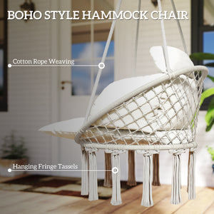 Boho Hammock Chair Swing Hanging Chair with Cushion, Chain, Steel Frame for Indoor Outdoor Bedroom Patio Balcony, Cream