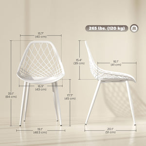 Set of 4 modern plastic dining chairs with hollow back and metal legs, white