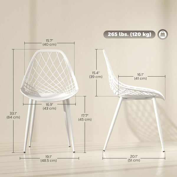 Set of 4 modern plastic dining chairs with hollow back and metal legs, white