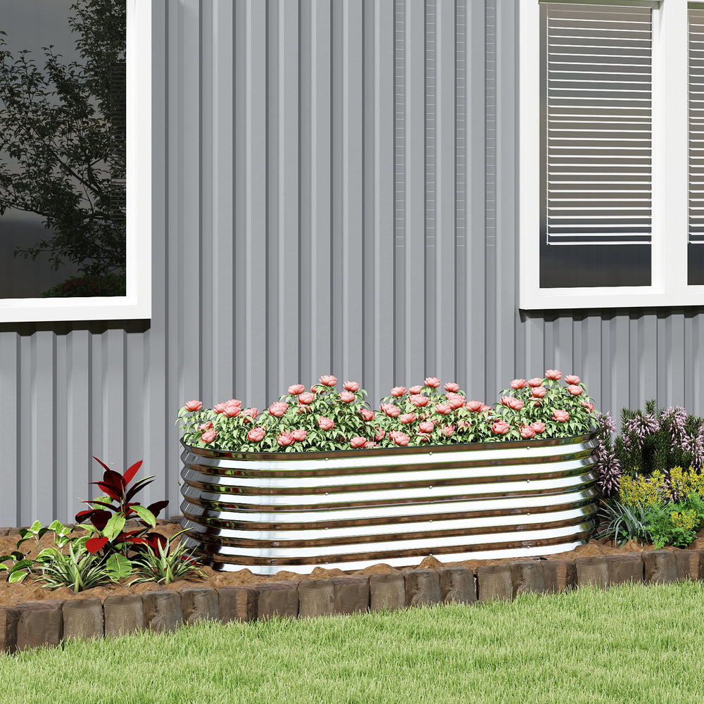 Galvanized Oval Raised Garden Bed with Safety Edging and Gloves Included, Silver.
