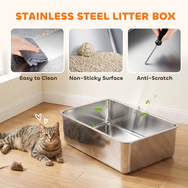 Set of 2 XL stainless steel litter boxes with high sides and lids