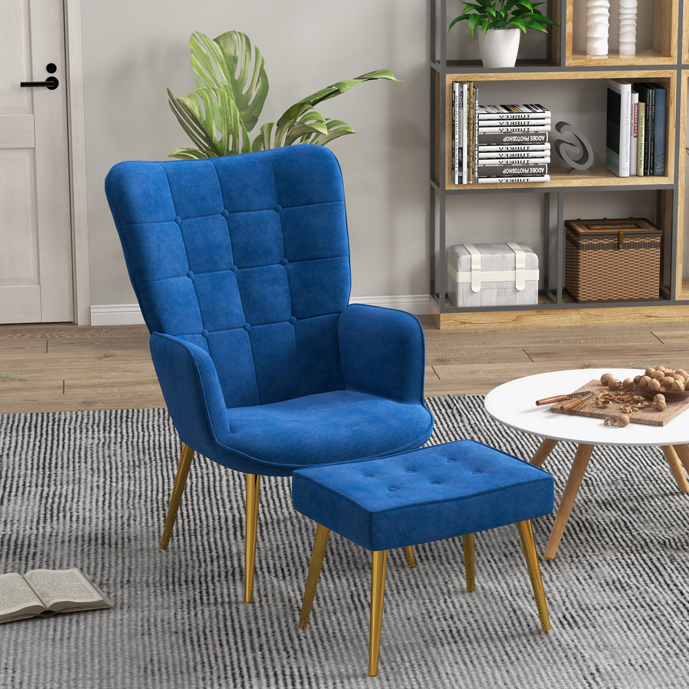 Armchair with footrest and gold metal legs, dark blue