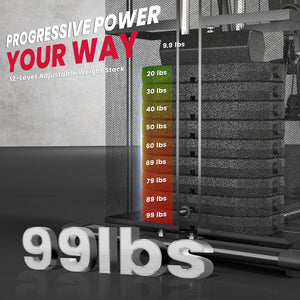 Multi-function weight station with 45 kg weight stack for lat pulldown, leg extensions, biceps curls, triceps pulldowns, and bench press, black.