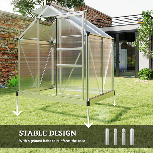 6' x 4' x 6.6' Polycarbonate Greenhouse, Galvanized Aluminum Sheet Frame with Gutter, Ventilation and Sliding Door, Silver