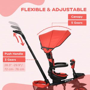 6-in-1 Folding Tricycle with Adjustable Seat, Safety Harness, Removable Canopy, Red