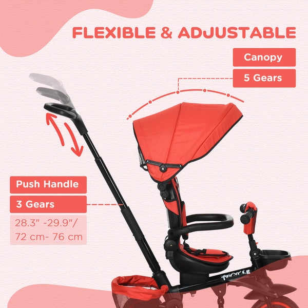 6-in-1 Folding Tricycle with Adjustable Seat, Safety Harness, Removable Canopy, Red