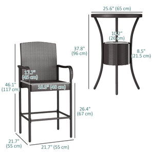 3 Piece Patio Bar Set, Rattan Bistro Table and Chairs, Dark Brown